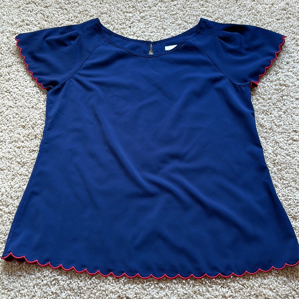 Tulle Blouse Size Large Navy with Red Trim